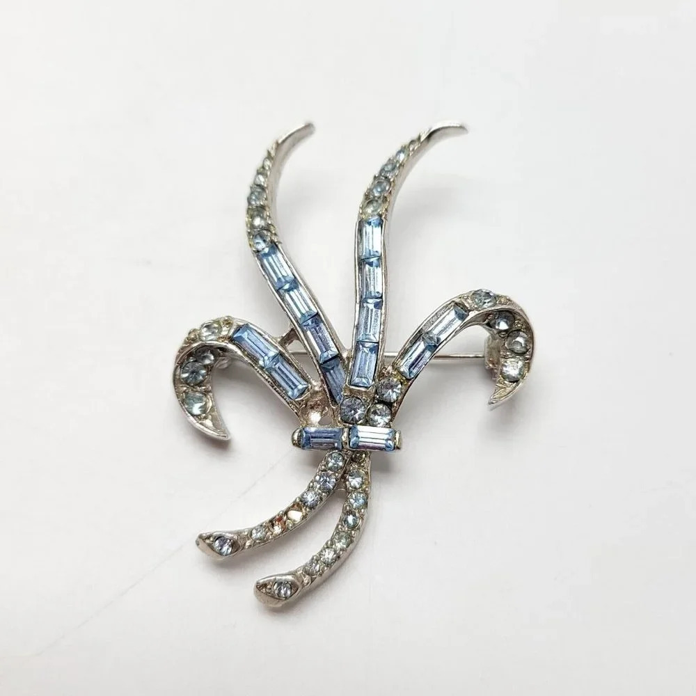 Blue Rhinestone Large Silver Tone Abstract Flower Vintage Brooch